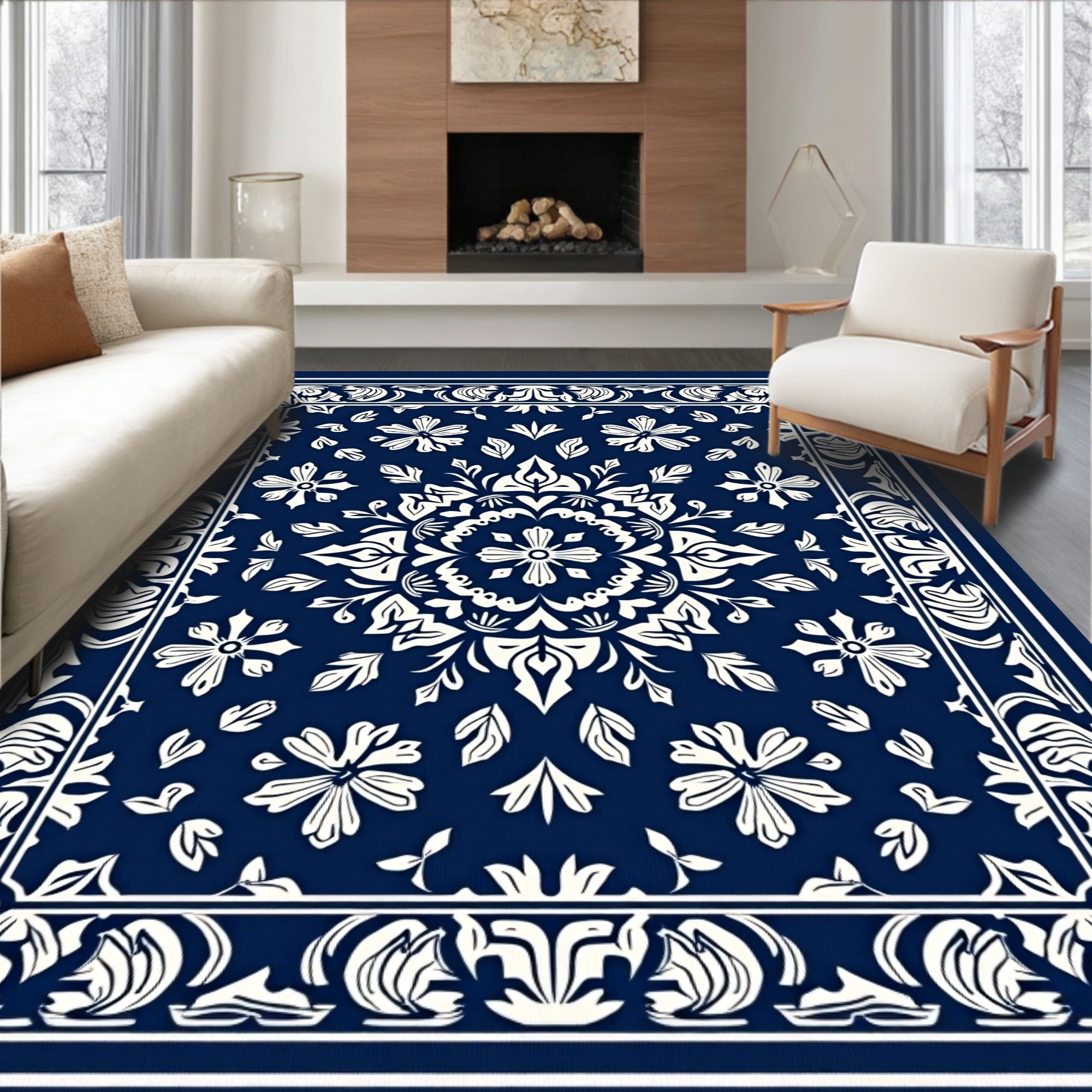 Classic Navy Floral Mandala Design Rug