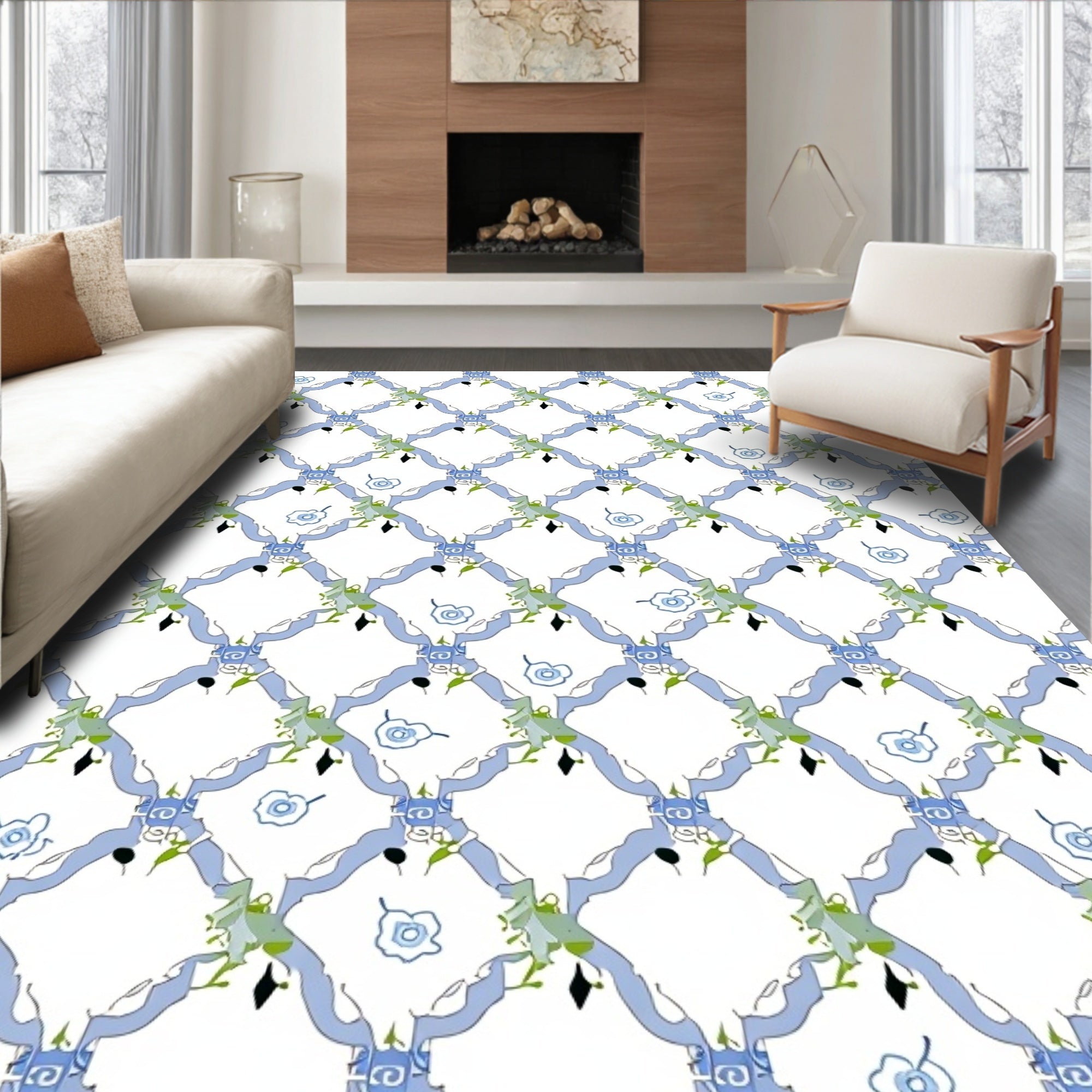 Blue Lattice Floral Pattern Rug