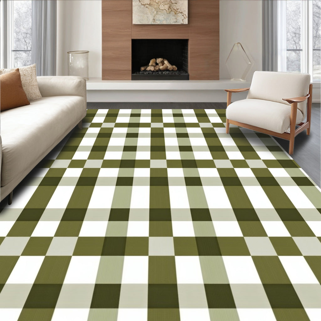 Olive Green Plaid Pattern Rug