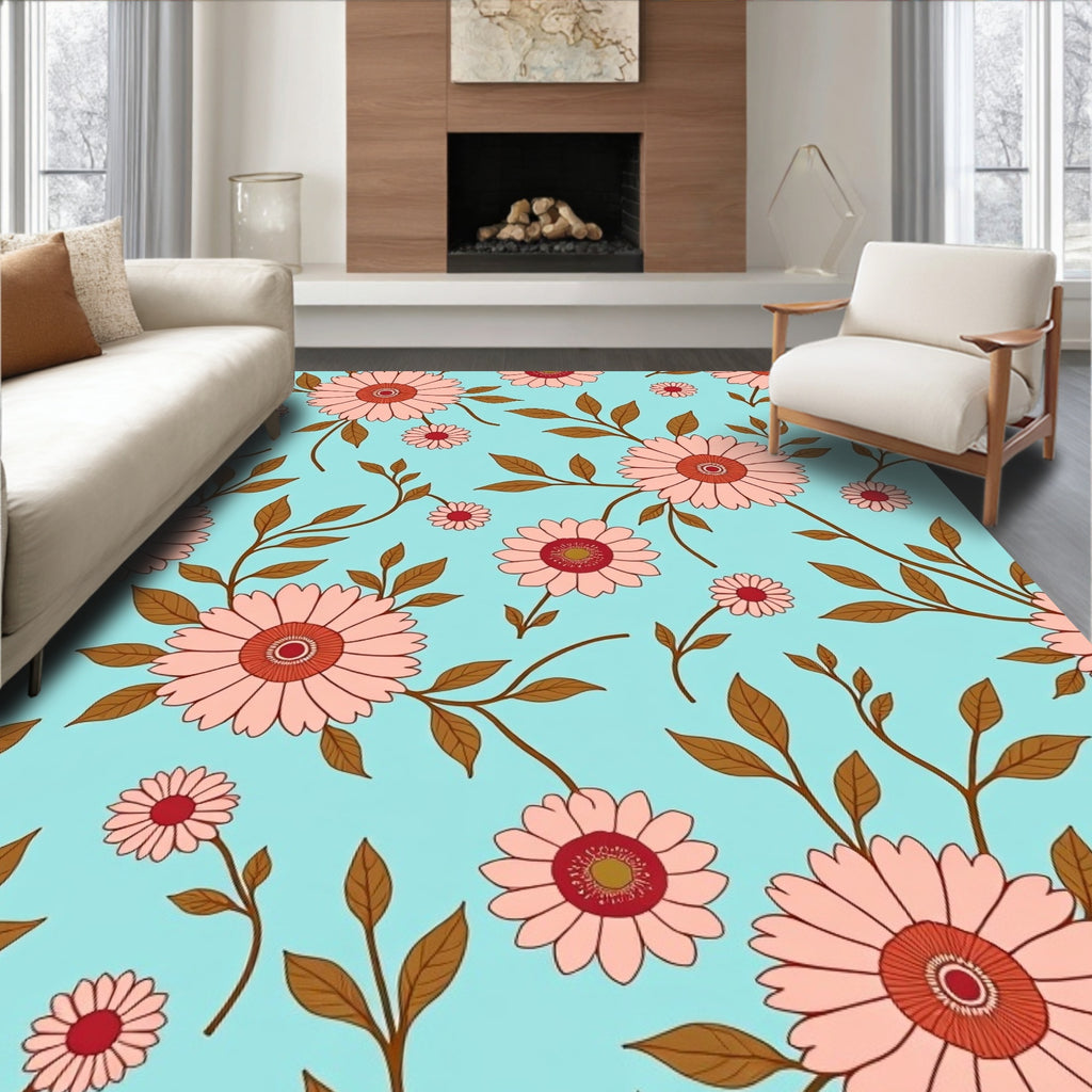 Pink Floral Vine Pattern on Aqua Rug