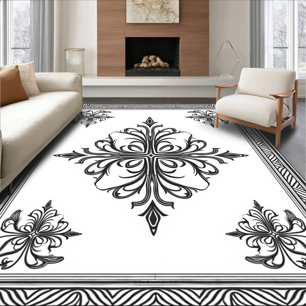 Ornate Black White Floral Patterned Rug