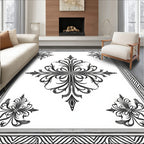Ornate Black White Floral Patterned Rug