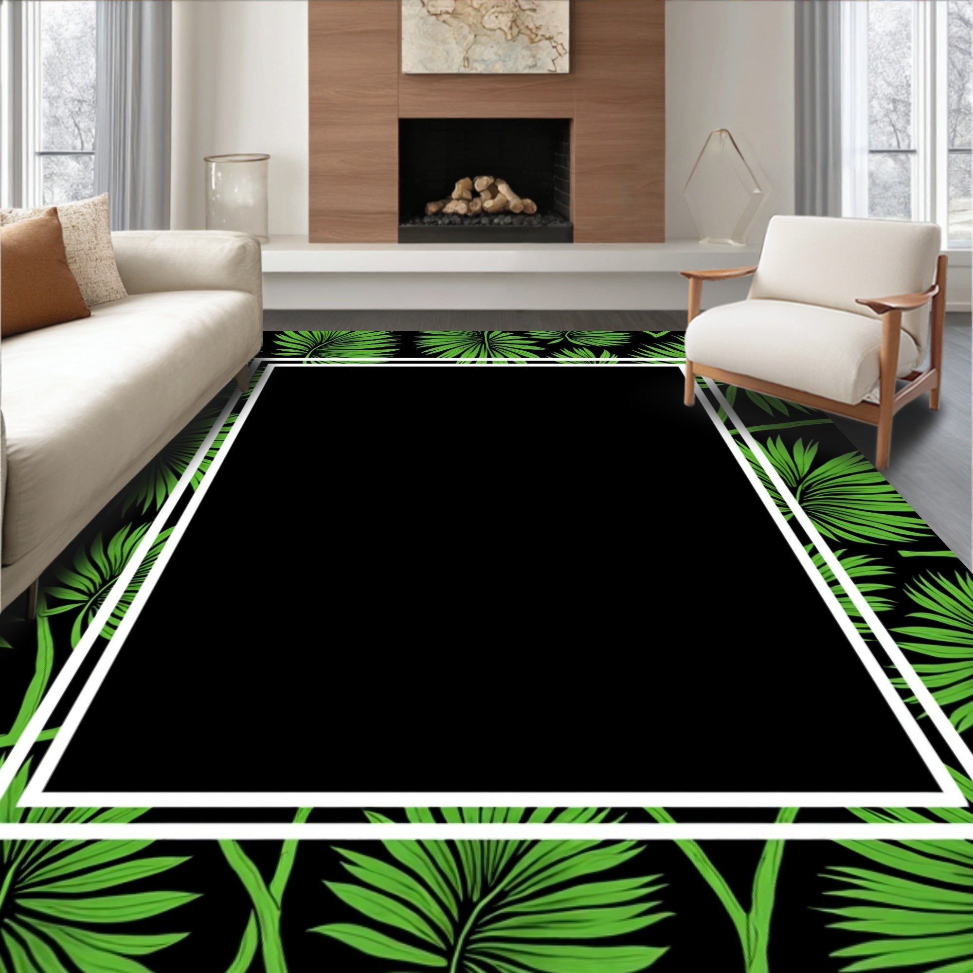 Tropical Leaf Pattern Black Frame Rug