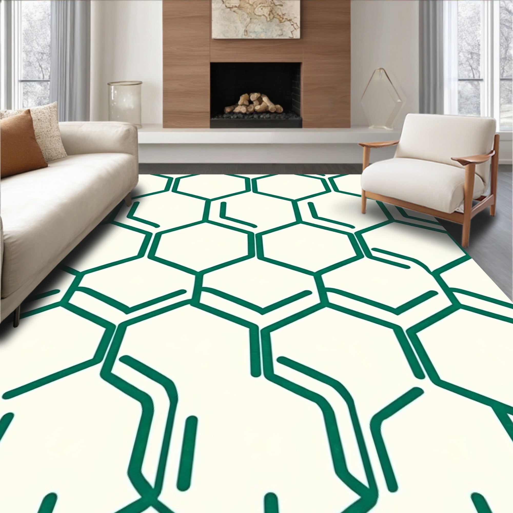 Green Geometric Hexagon Pattern Rug