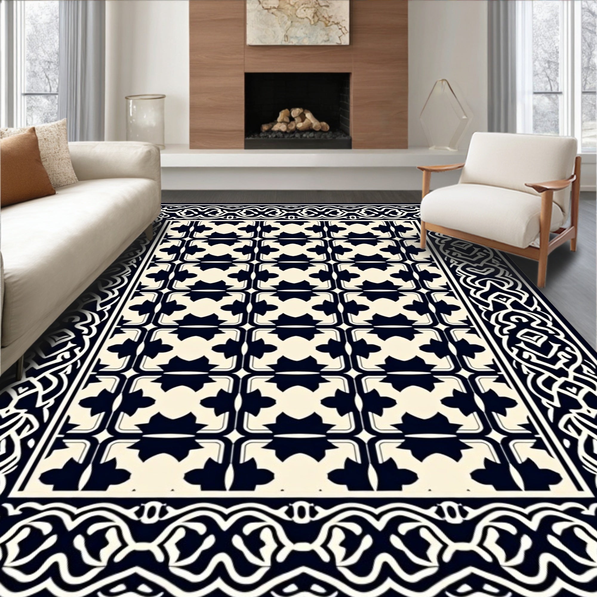 Classic Interlocking Tile Border Pattern Rug