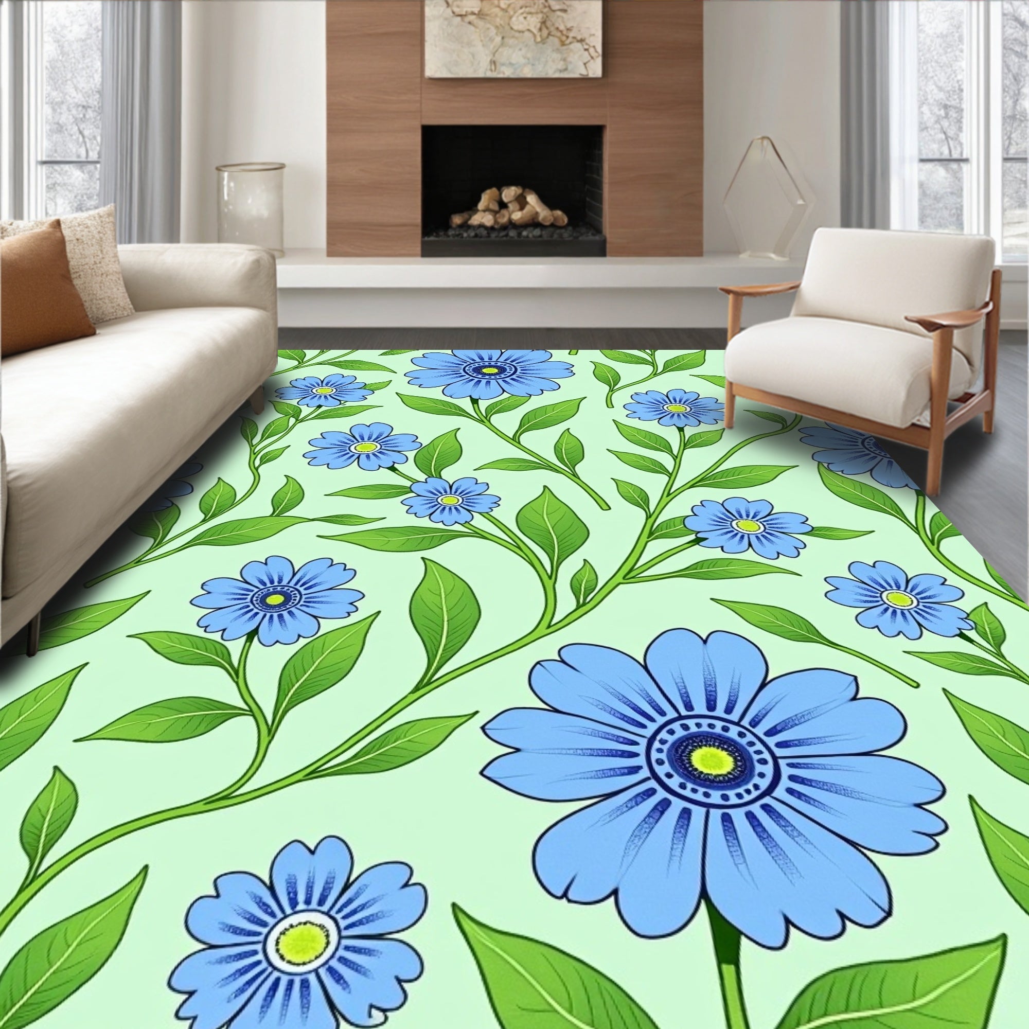 Delicate Blue Floral Vine Pattern Rug