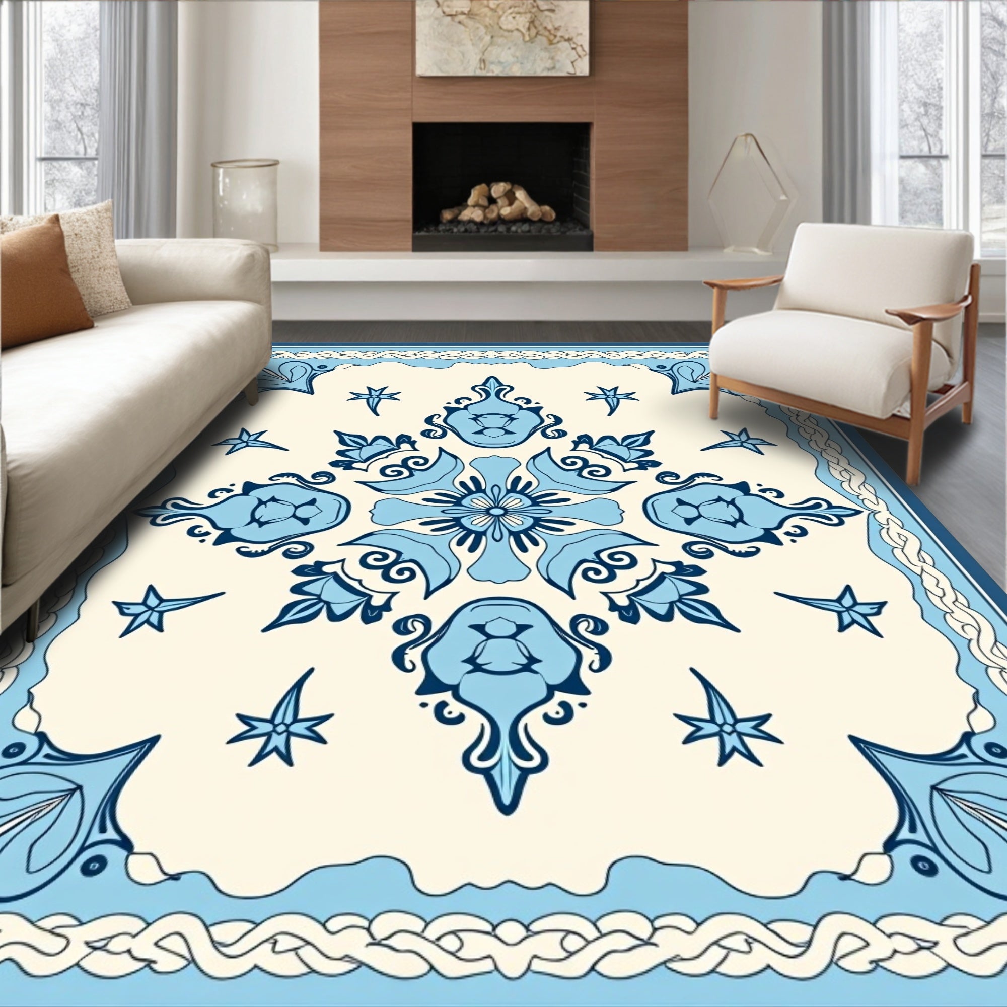 Blue Floral Motif Pattern Rug