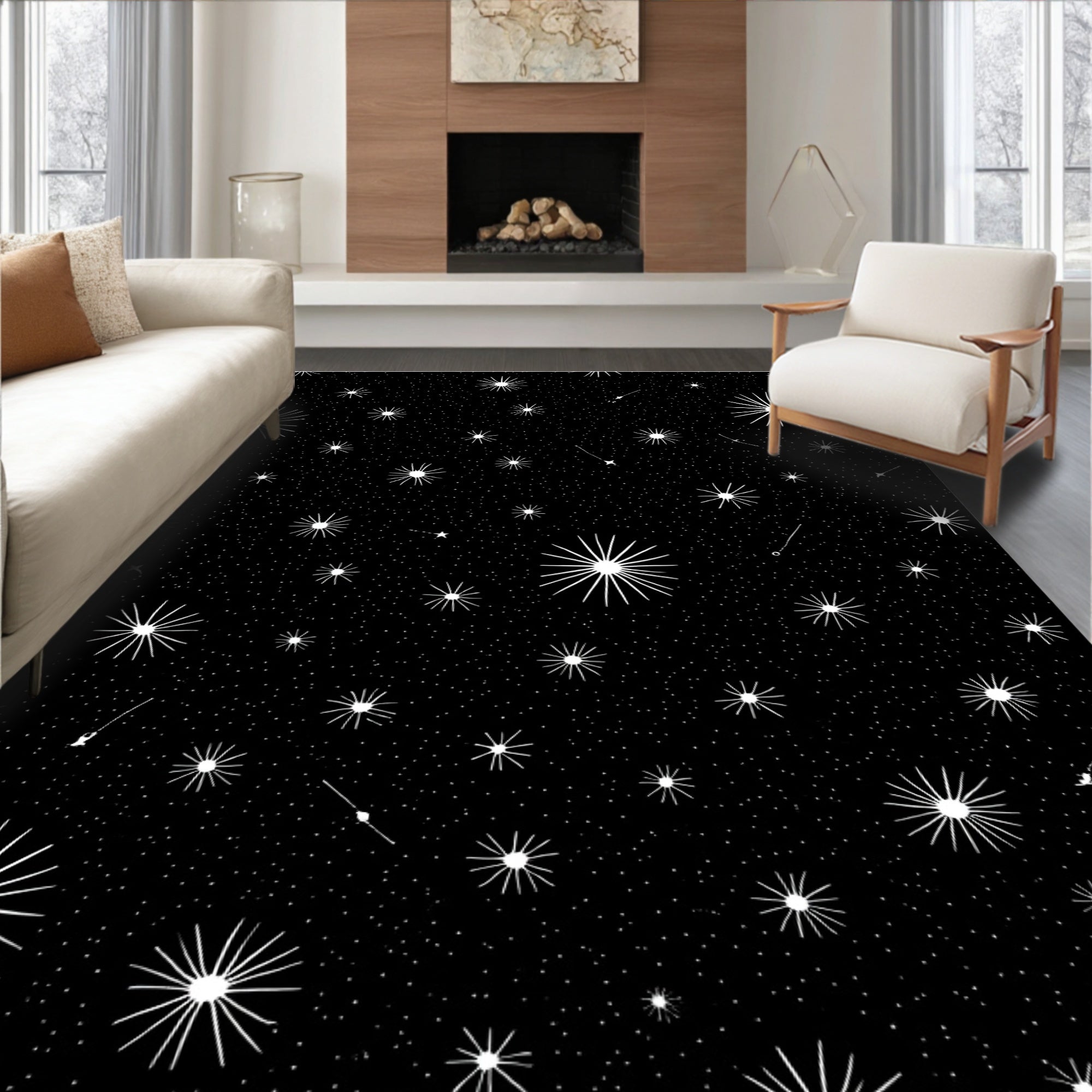 Cosmic Black White Starry Sky Rug