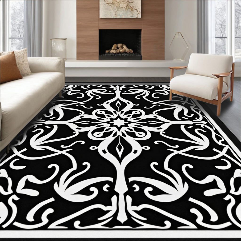 Intricate Black White Floral Pattern Rug
