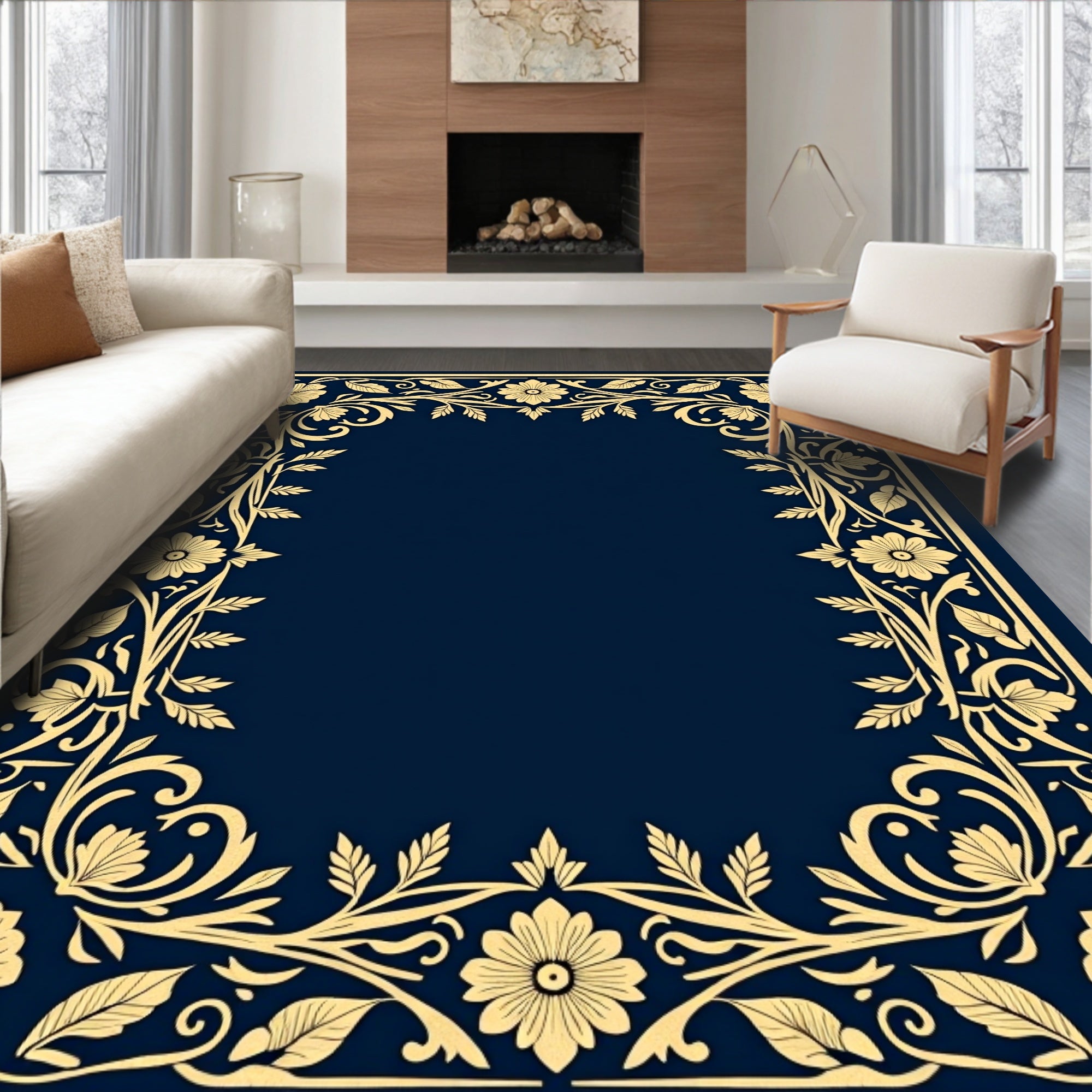 Golden Floral Border With Deep Blue Rug