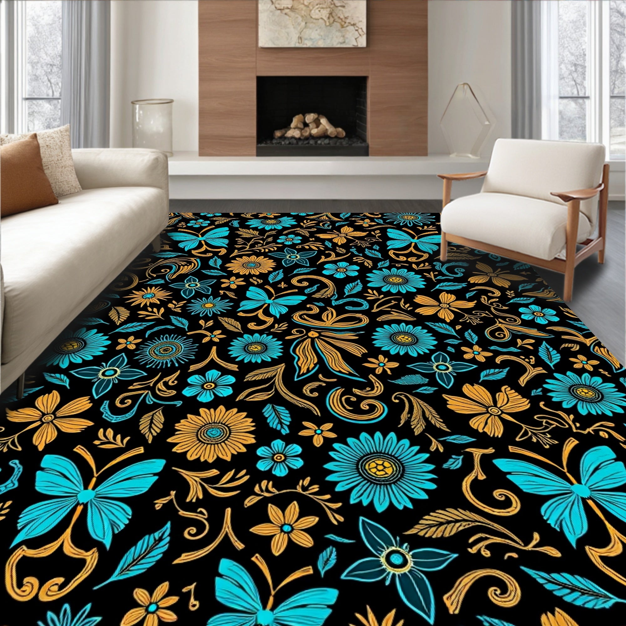 Aqua Orange Butterfly Floral Whirls Rug