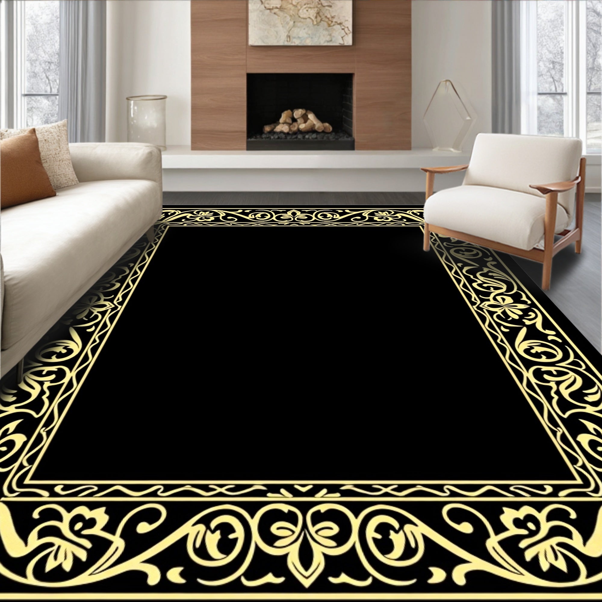 Ornate Floral Scrollwork Border Design Rug
