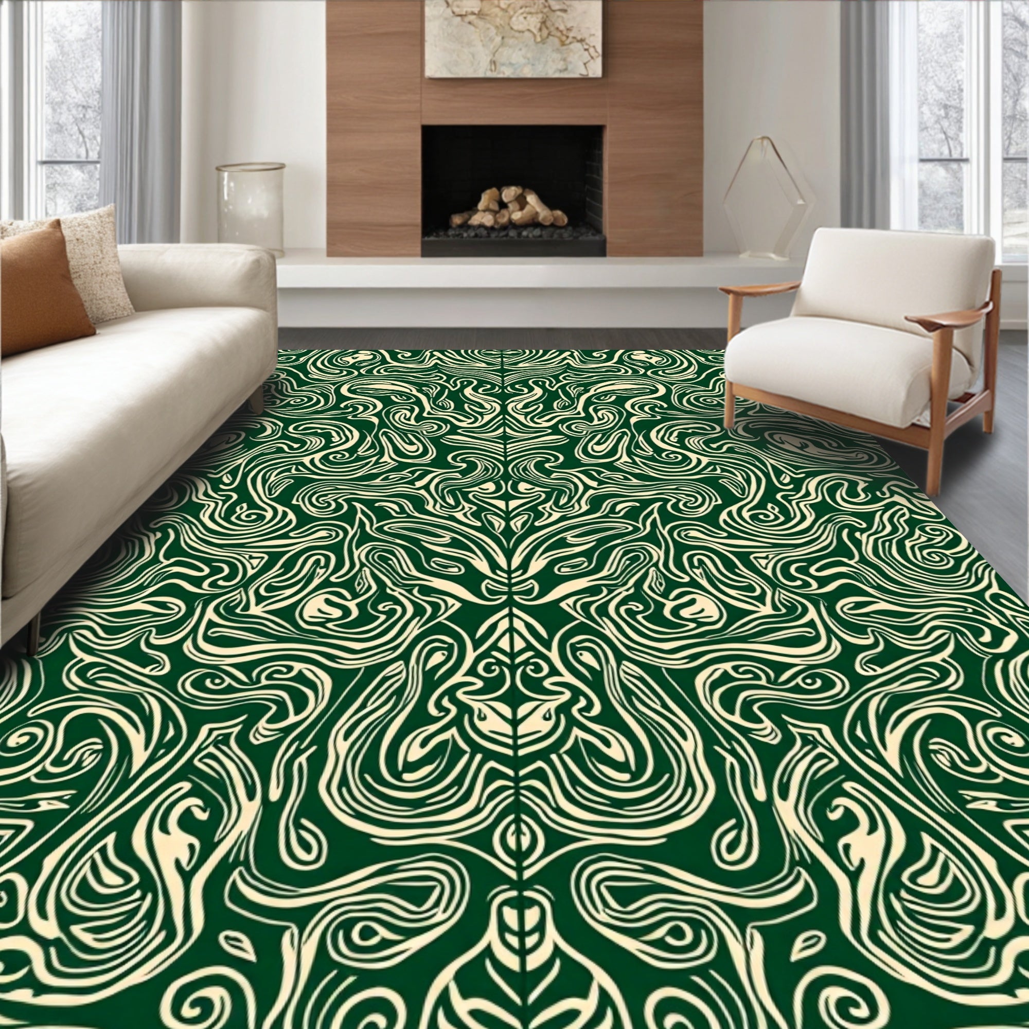 Intricate Swirling Emerald and Cream Pattern Rug