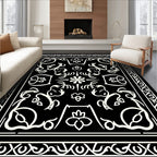 Black White Outline Floral Pattern Rug