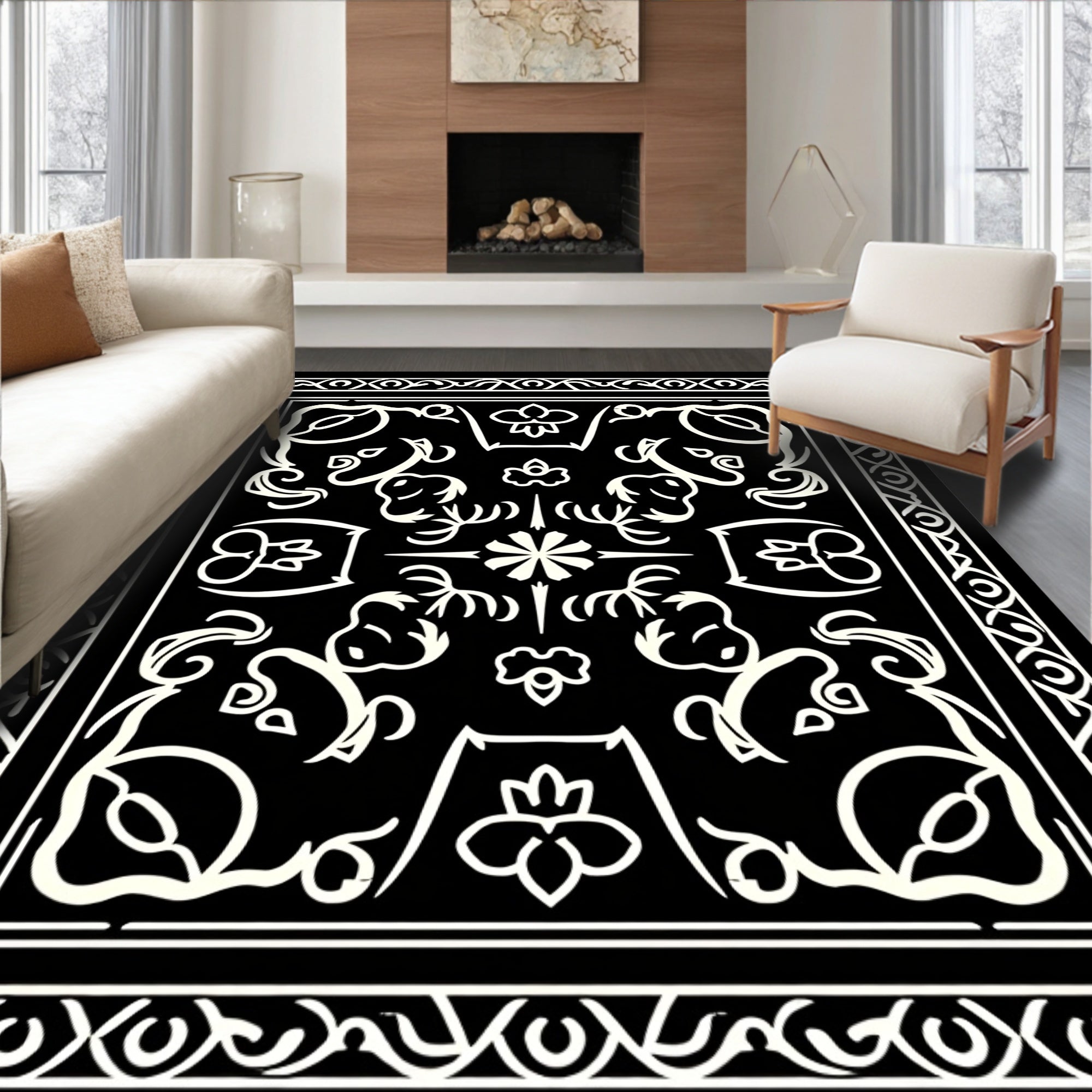 Black White Outline Floral Pattern Rug