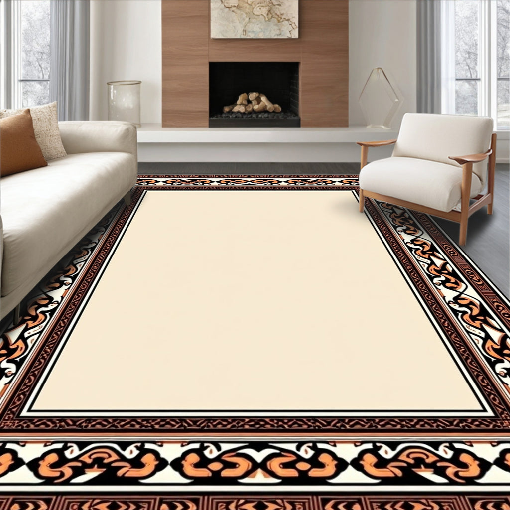 Ornate Tan And Sepia Ethnic Frame Rug