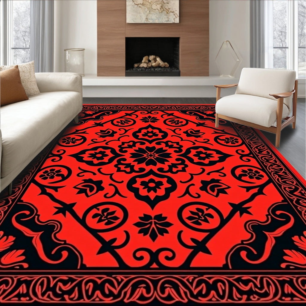 Bold Red Floral Ornate Pattern Rug