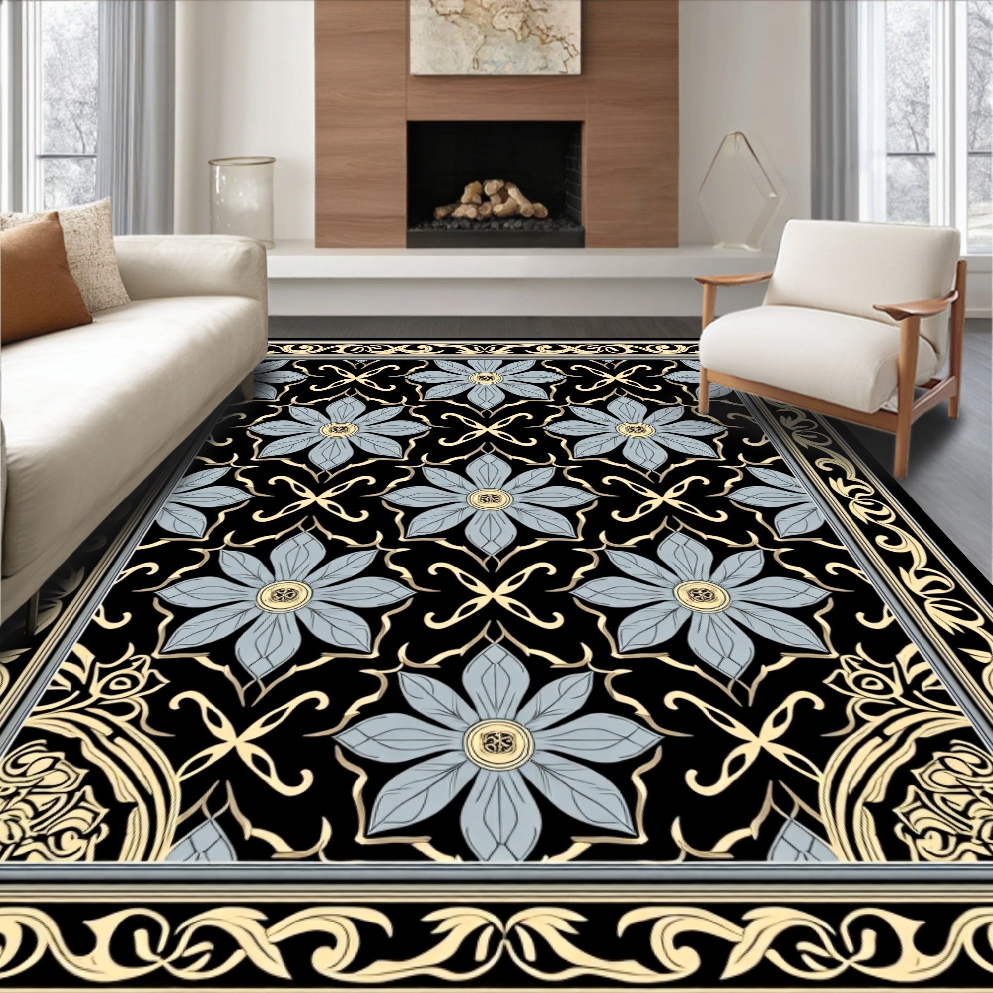 Ornate Floral Patterned Black Gold Rug