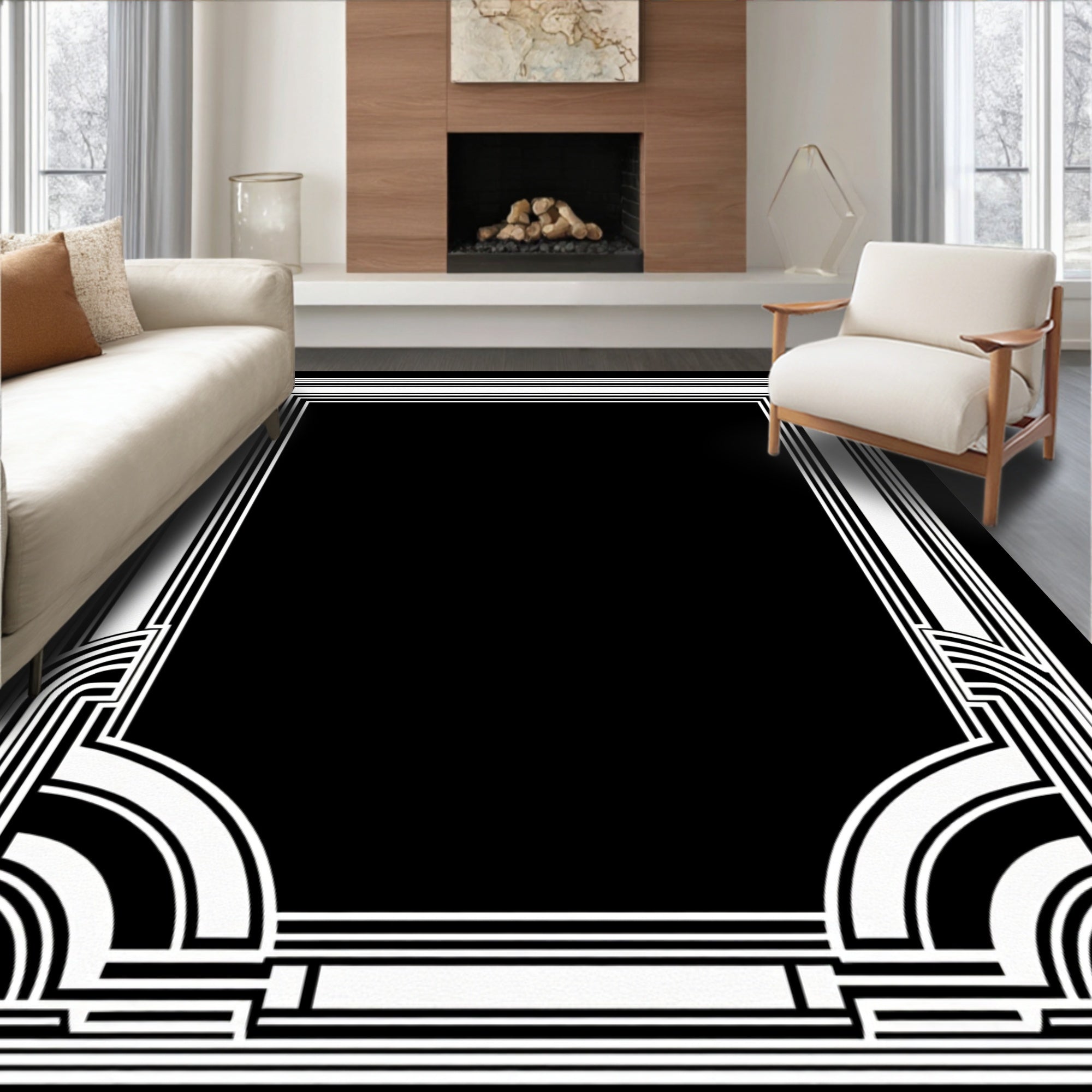 Art Deco Geometric Black and White Frame Rug