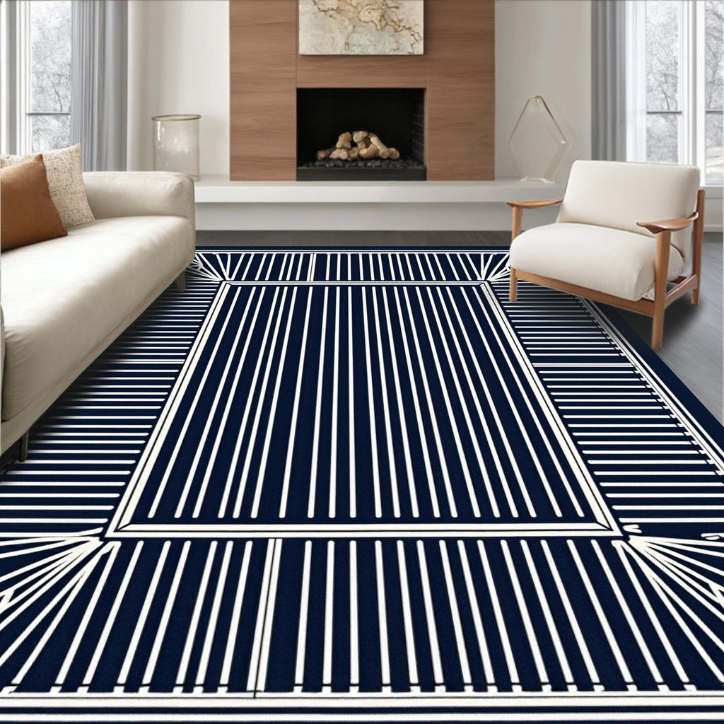 Modern Navy Geometric Stripe Design Rug