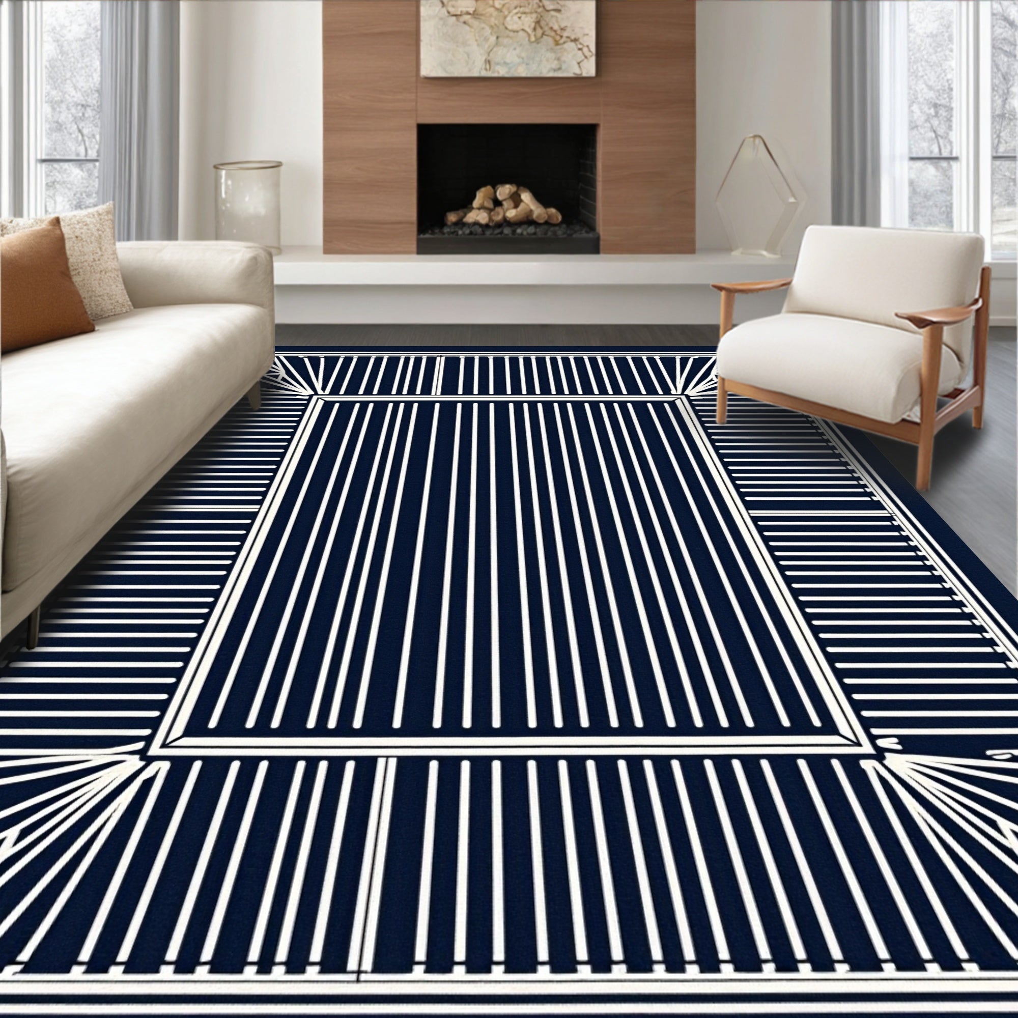 Modern Navy Geometric Stripe Design Rug