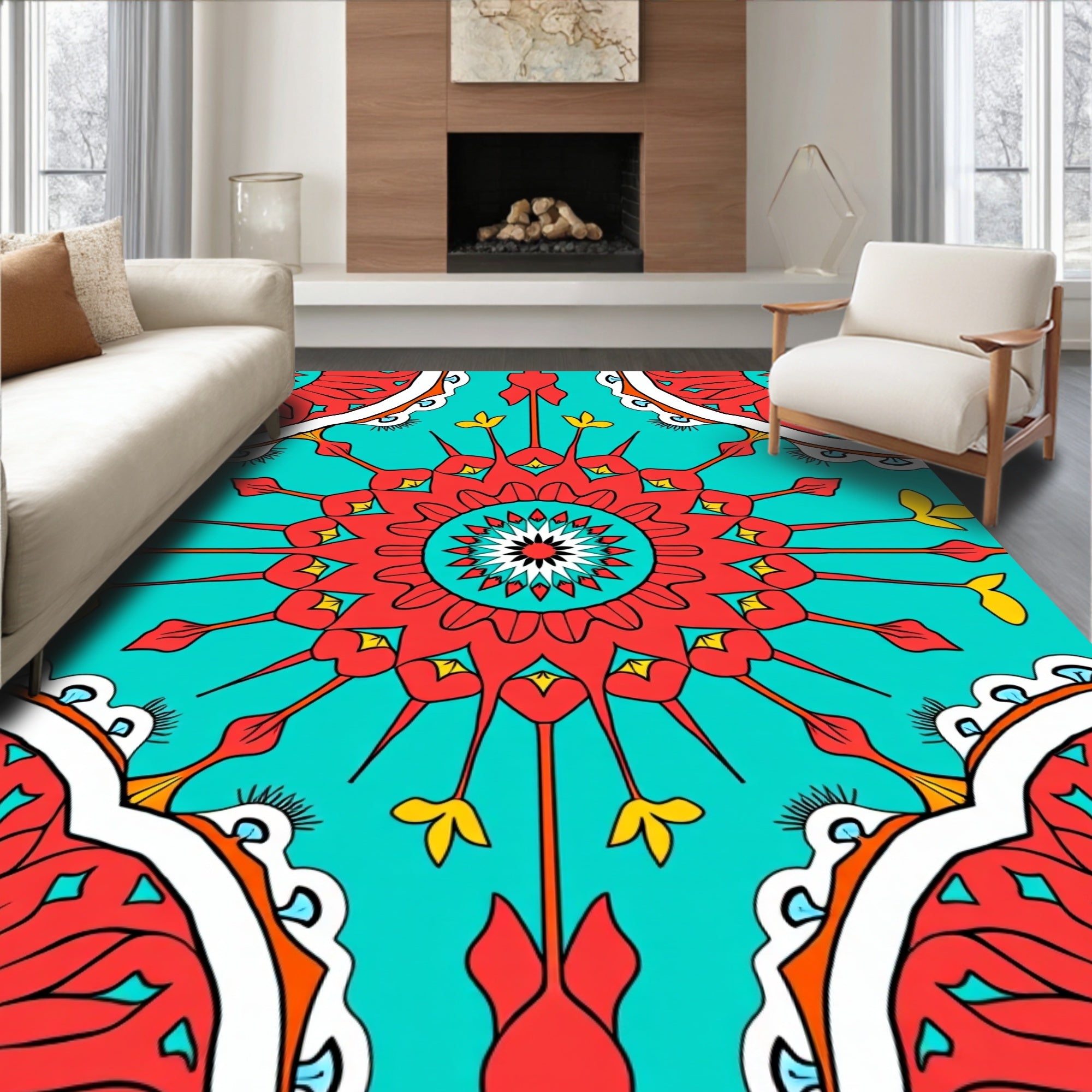 Turquoise Red Floral Mandala Pattern Rug