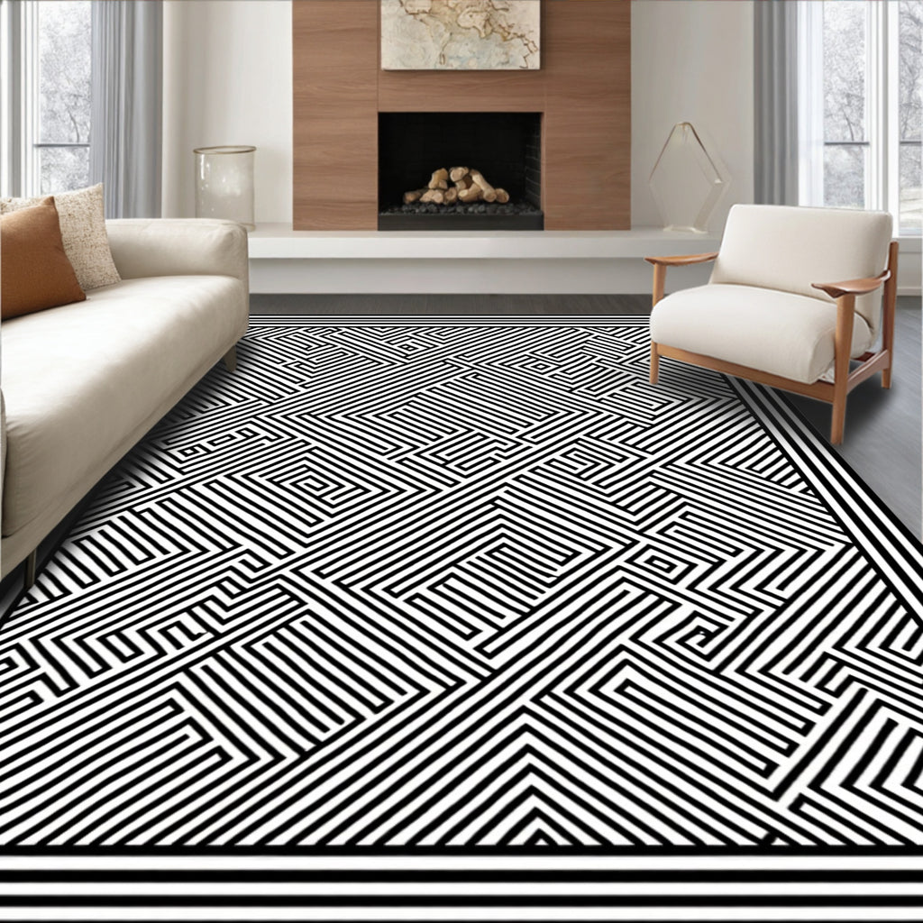Black White Abstract Maze Pattern Rug