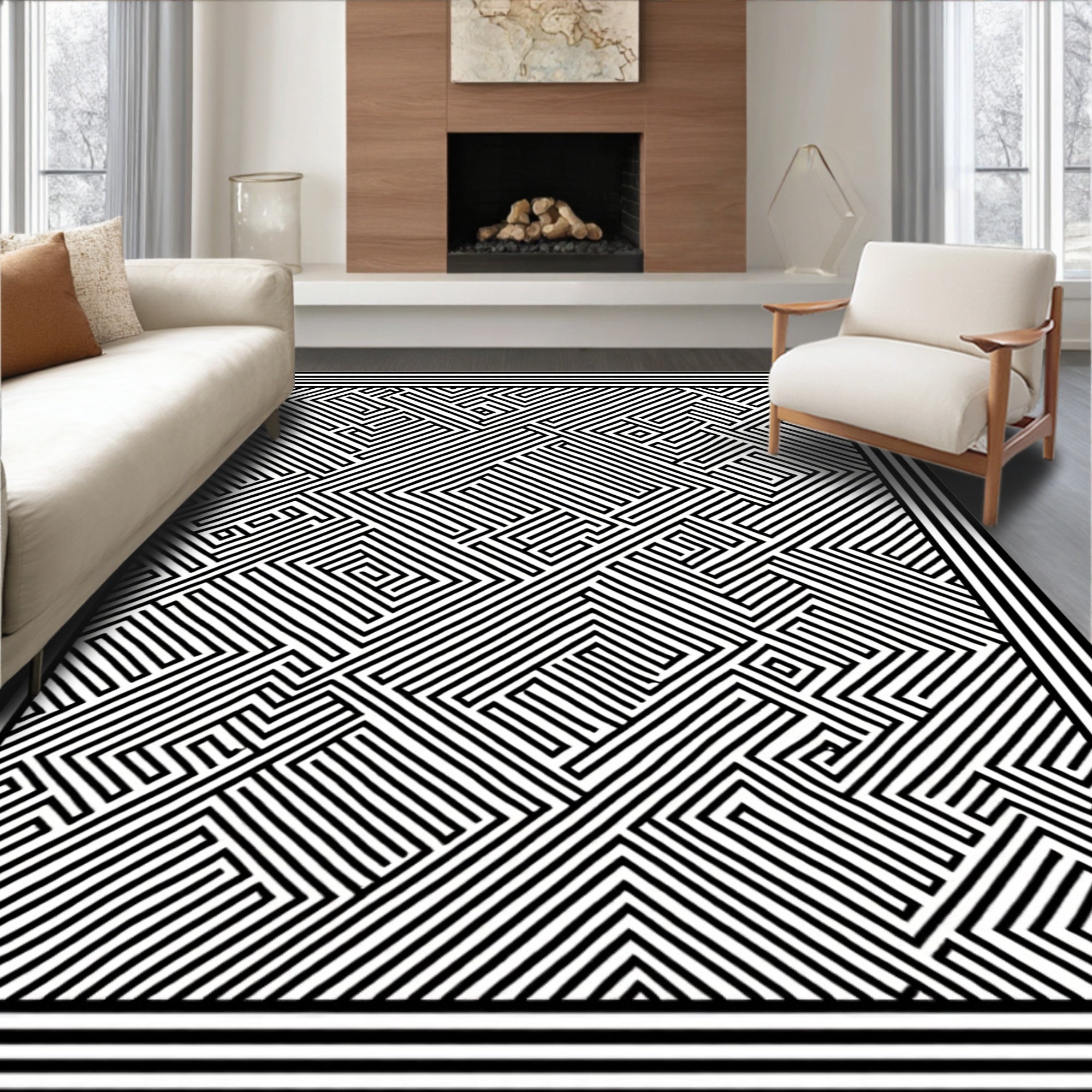 Black White Abstract Maze Pattern Rug