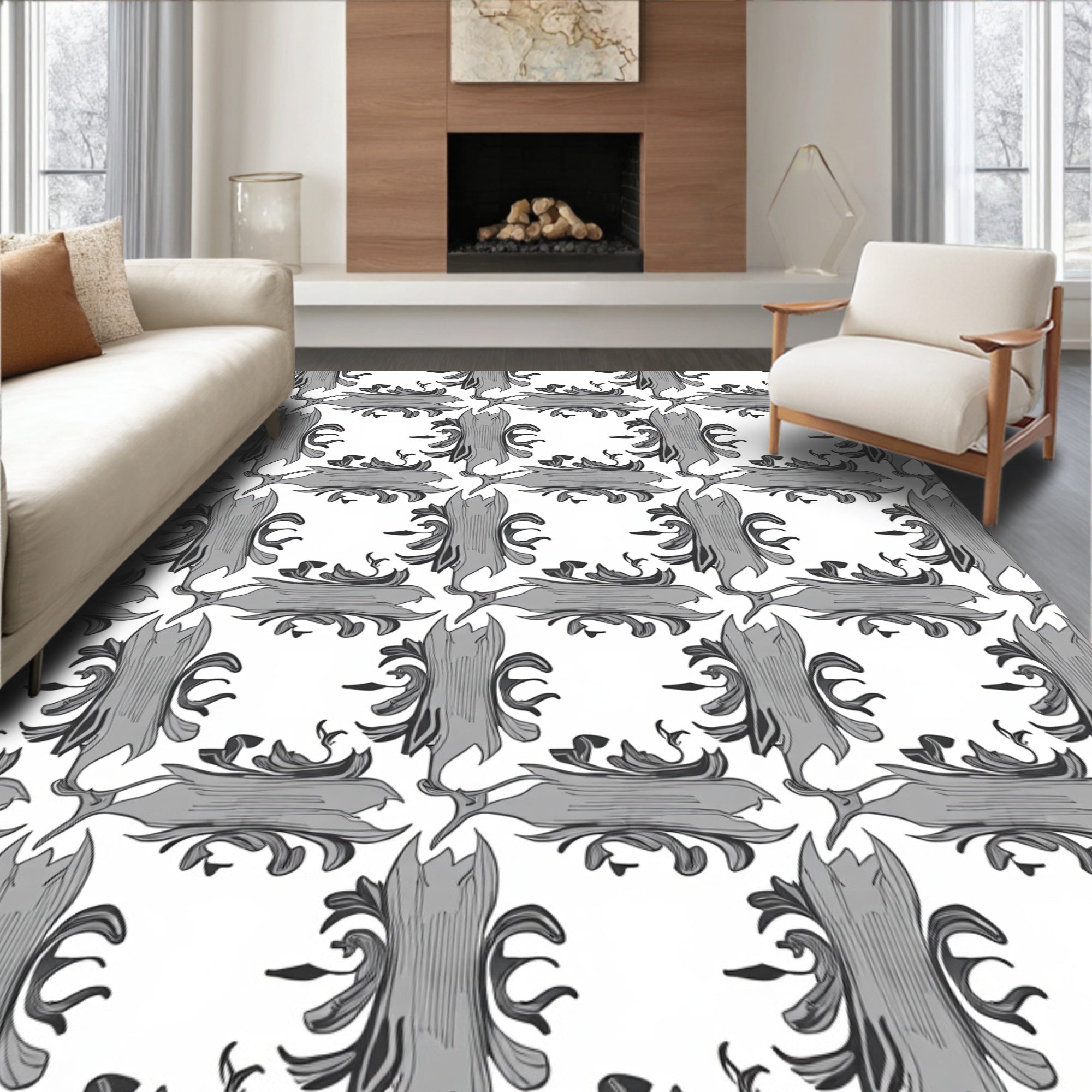 Ornate Grey Scrollwork Pattern Rug