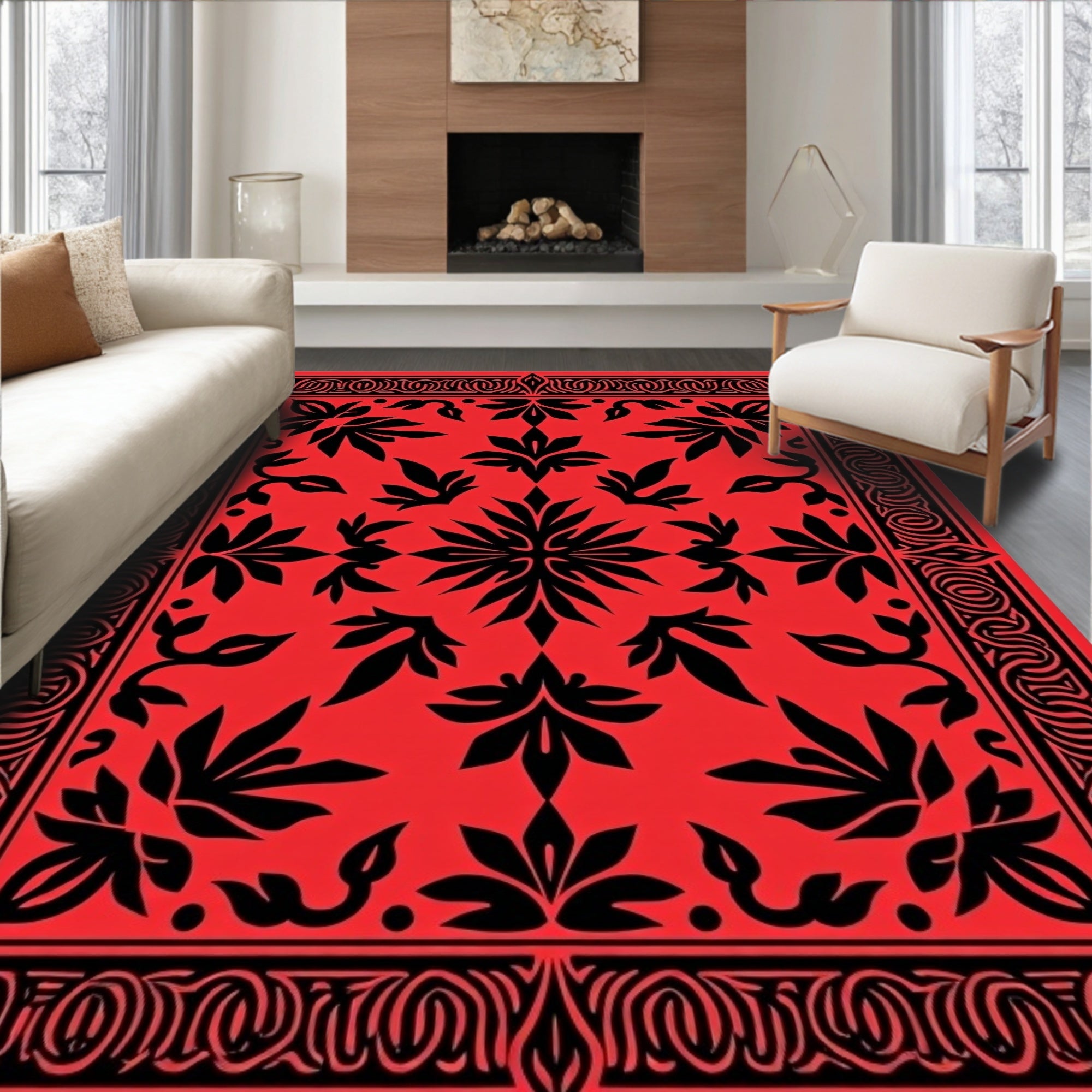 Red Black Bold Floral Abstract Design Rug