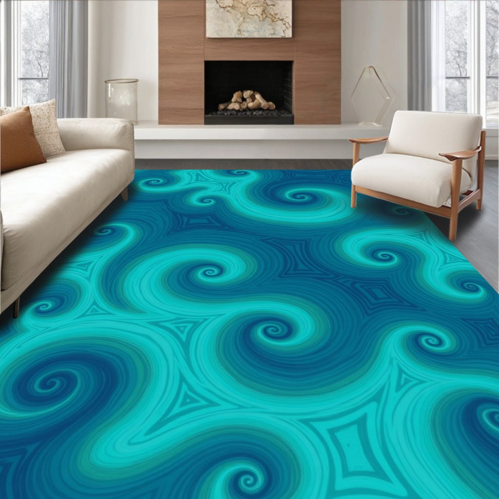 Teal Swirling Spiral Geometric Pattern Rug