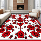 Red Floral Motif Folk Pattern Rug