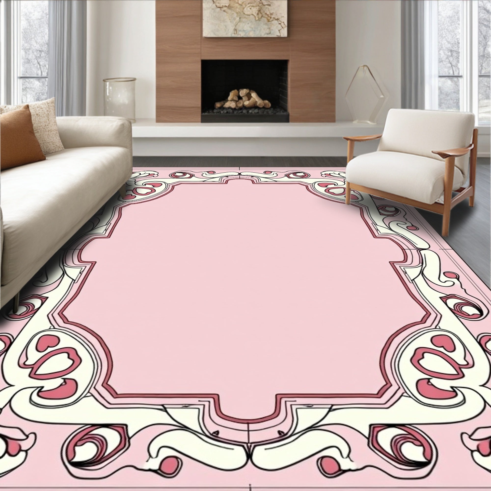 Art Nouveau Floral Pink Cream Rug