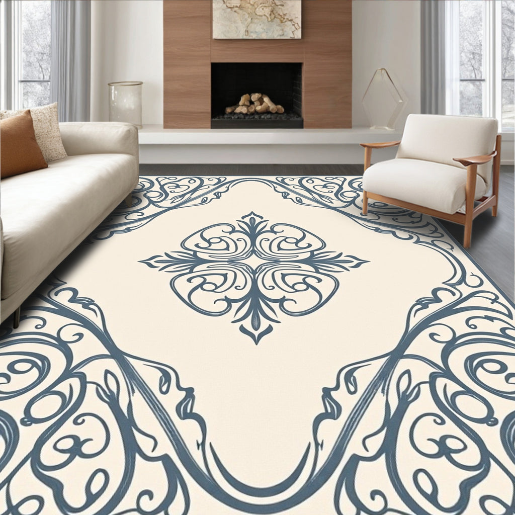 Elegant Swirl Floral Cream Blue Rug