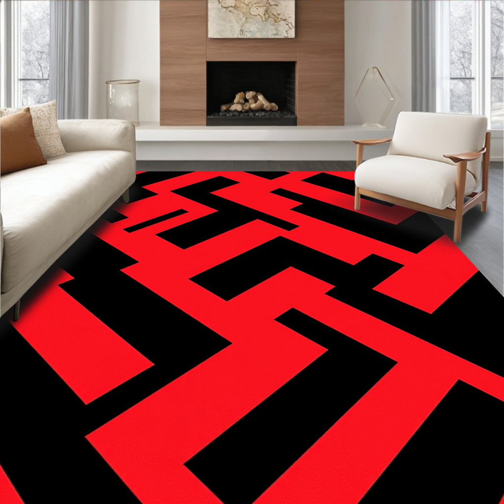 Bold Red Black Geometric Maze Pattern Rug