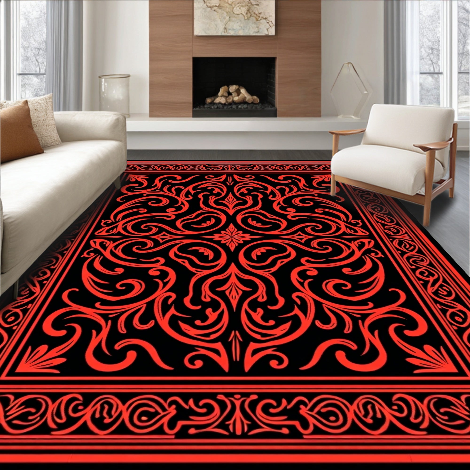 Red Intricate Floral Scroll Pattern Rug