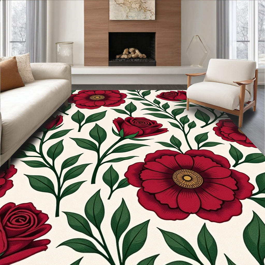 Classic Red Rose Floral Pattern Rug