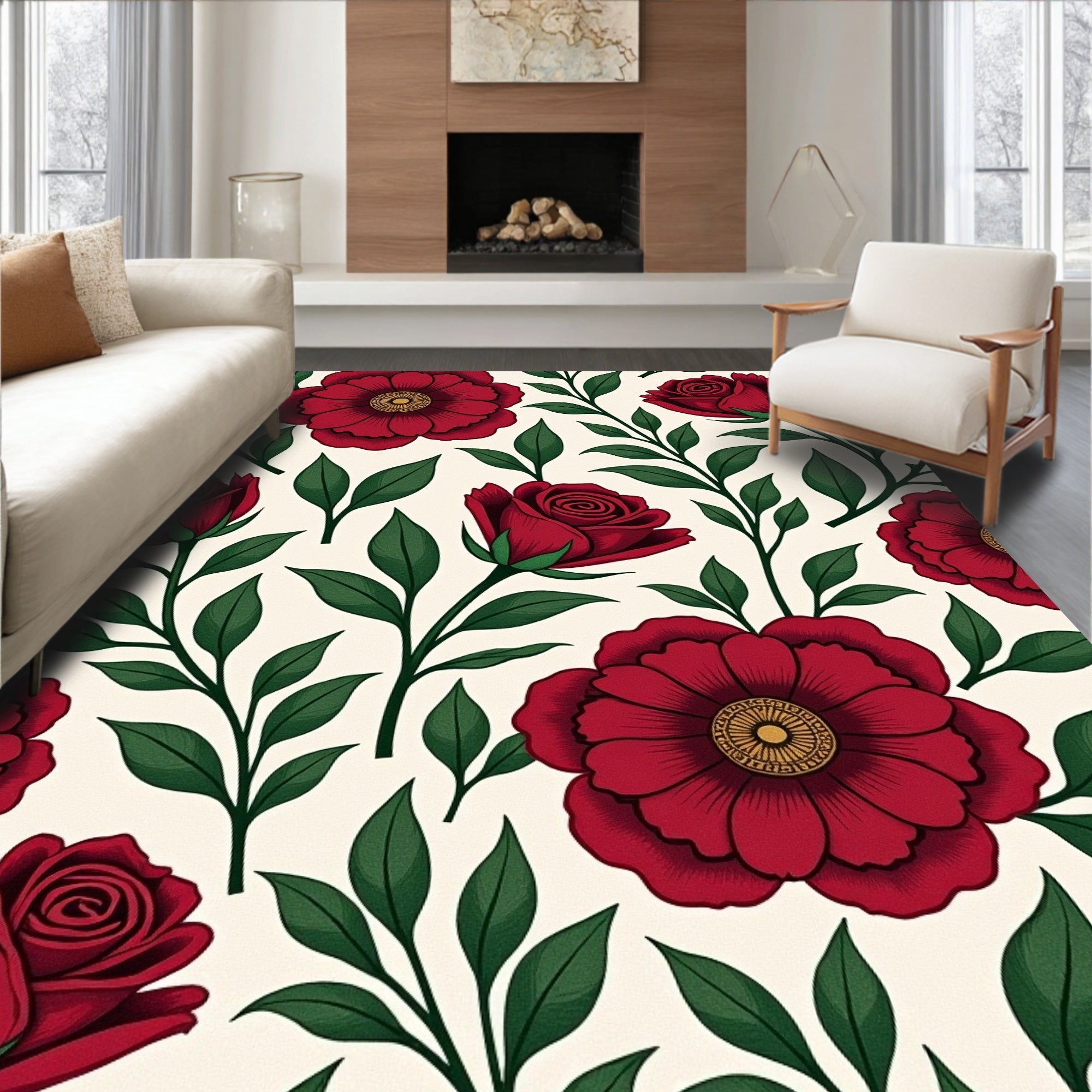 Classic Red Rose Floral Pattern Rug