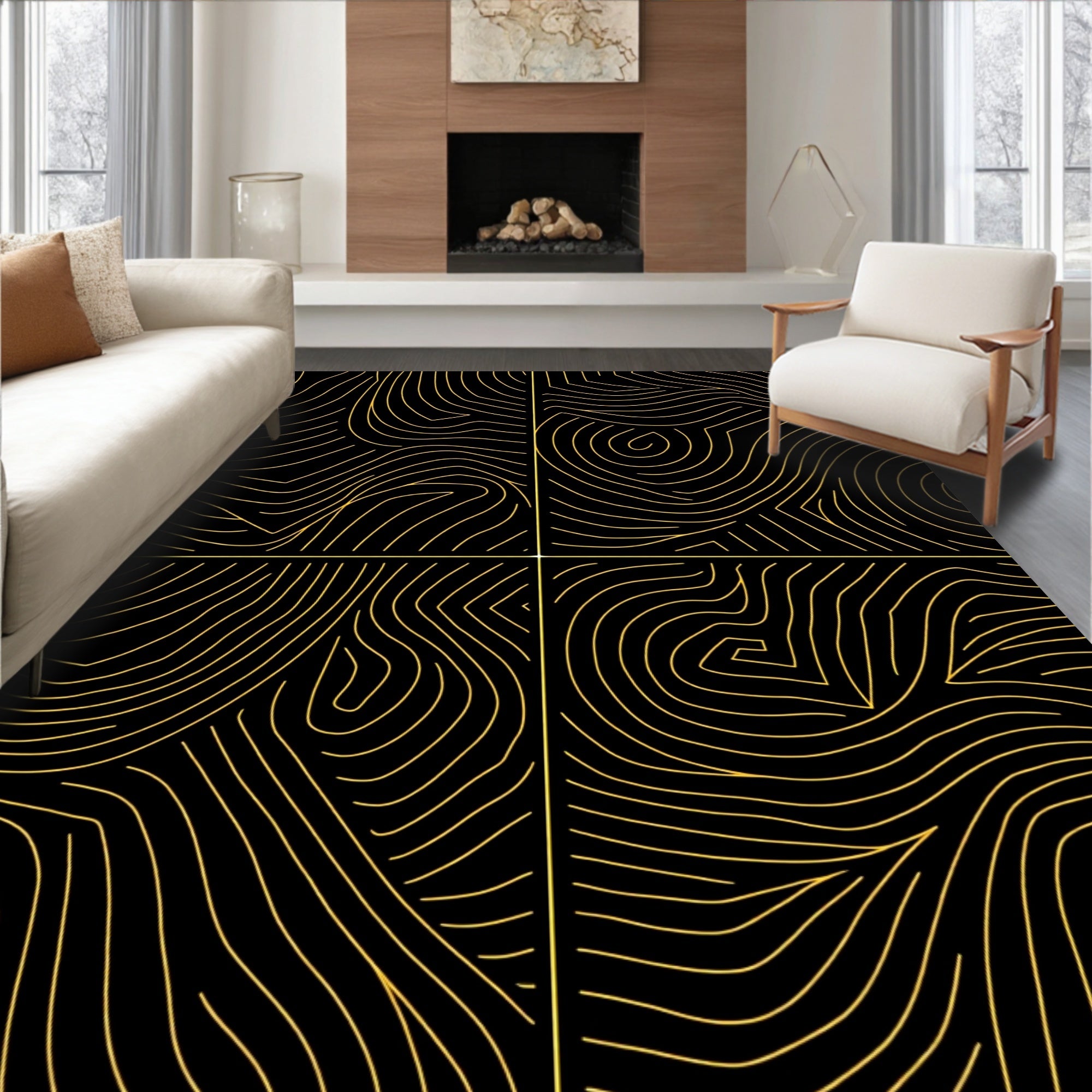 Abstract Gold Contour Lines Pattern Rug