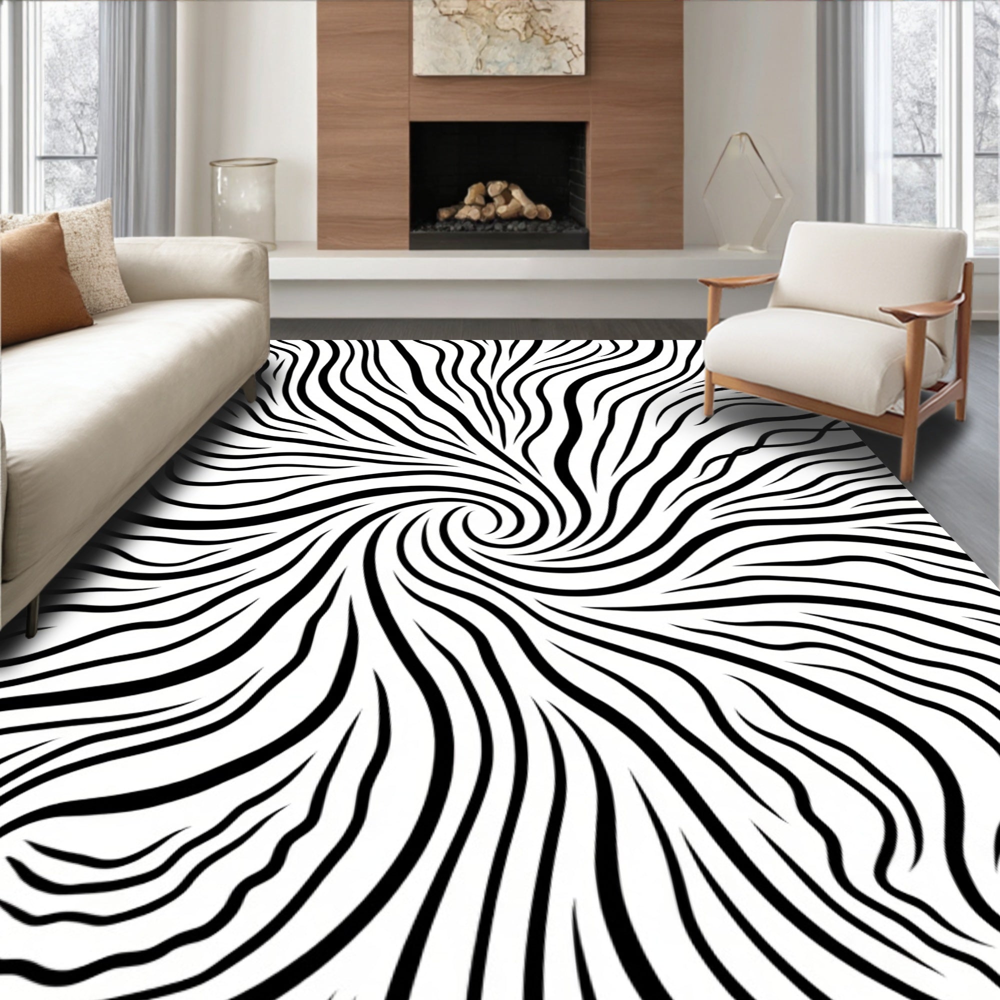 Black White Swirling Abstract Rug