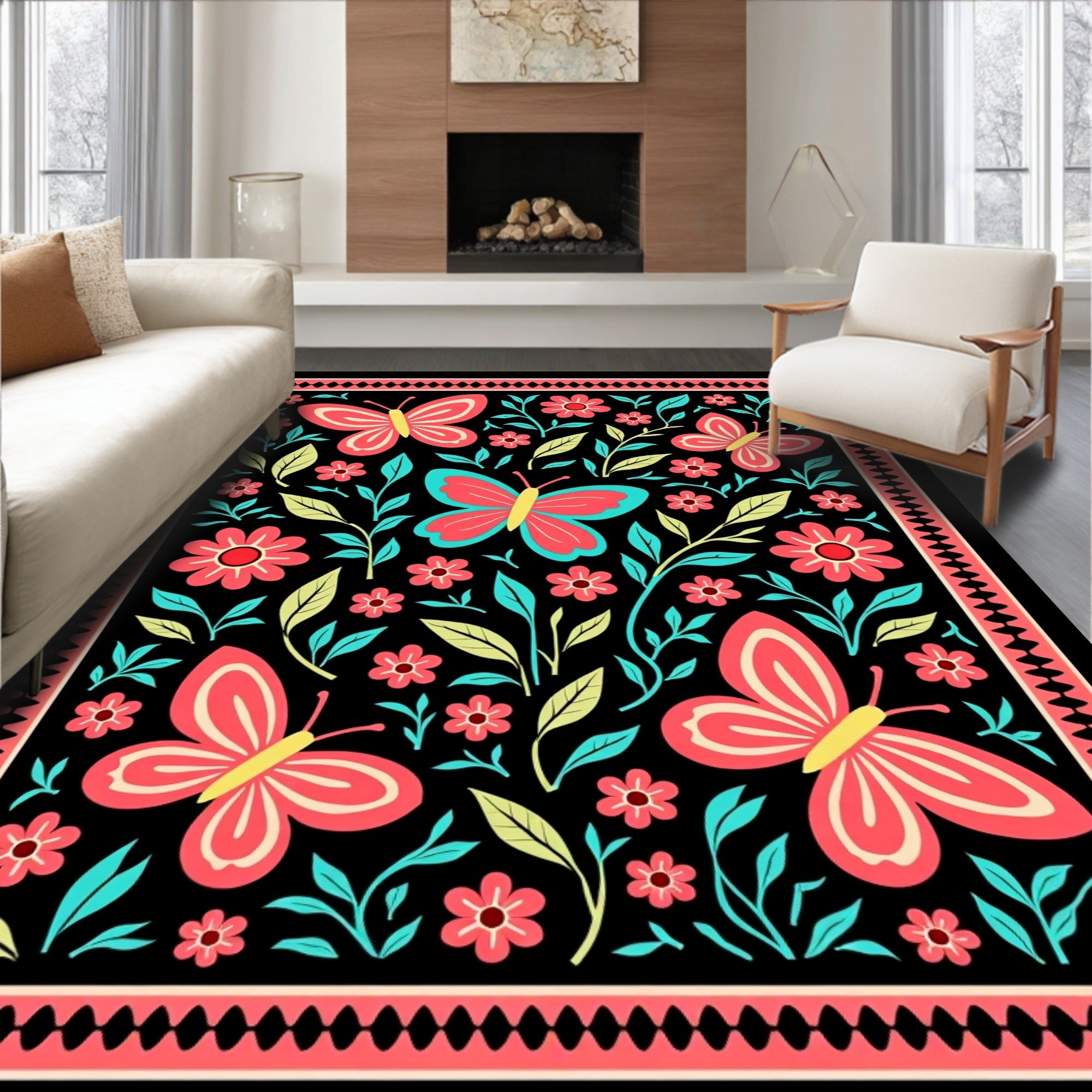 Vibrant Butterflies Floral Garden Pattern Rug