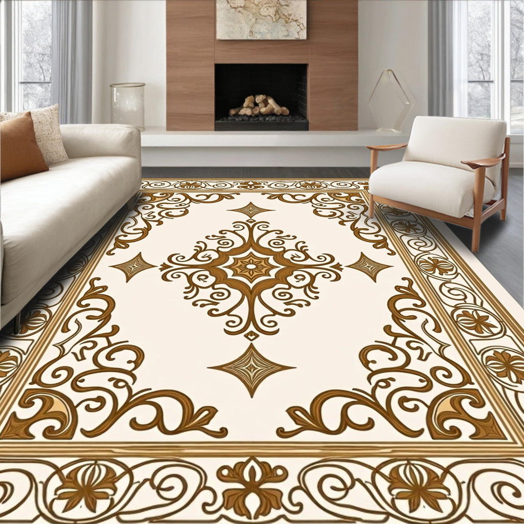 Ornate Brown Gold Floral Design Rug