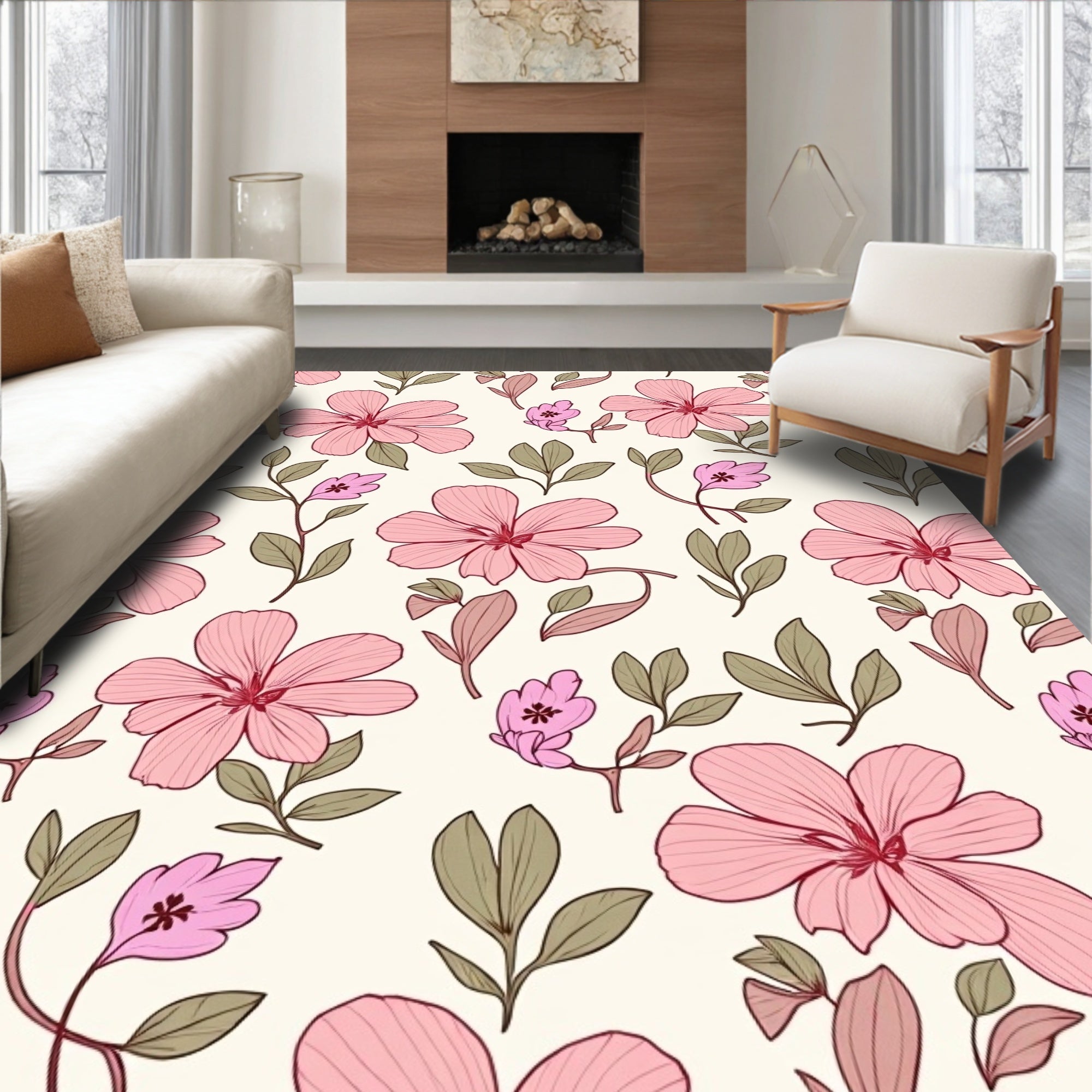 Pink Floral Vine Patterned Design Rug