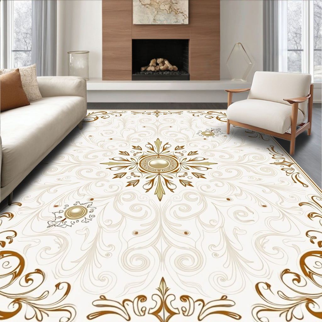Elegant Gold Floral Scroll Pattern Rug