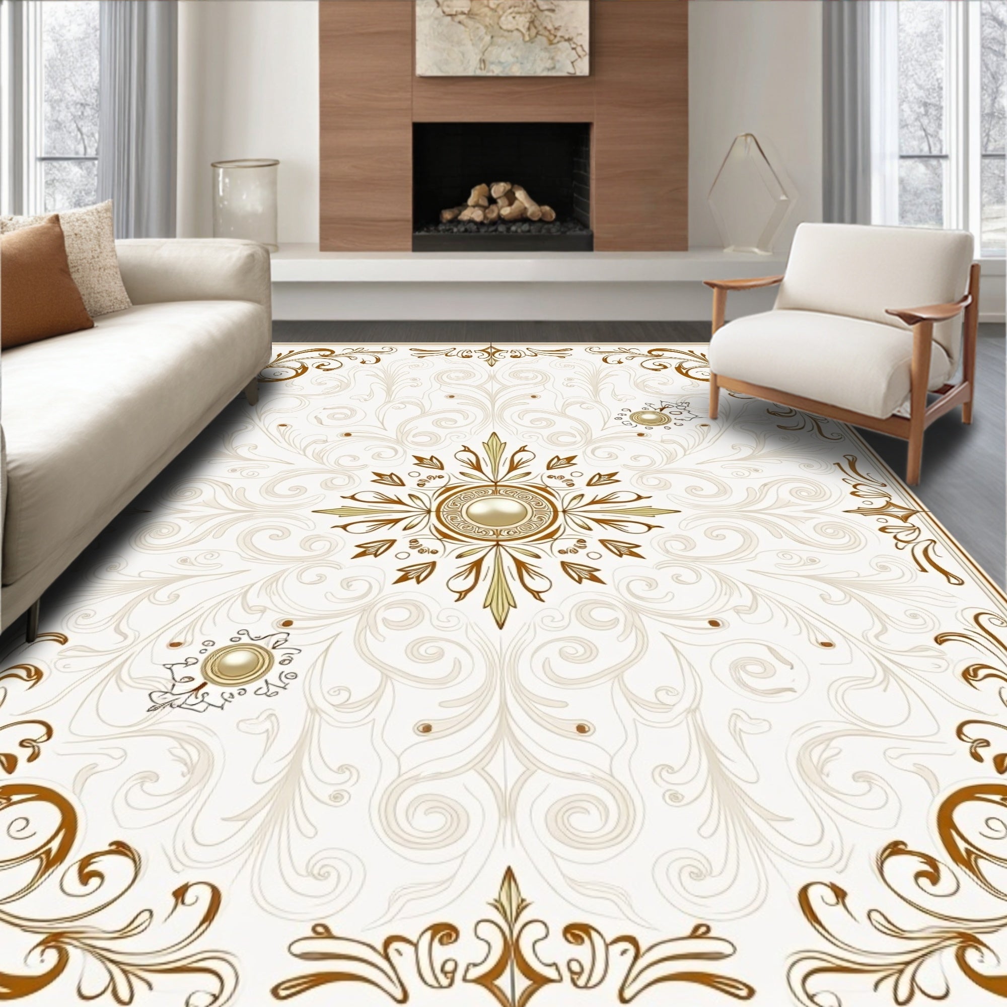 Elegant Gold Floral Scroll Pattern Rug
