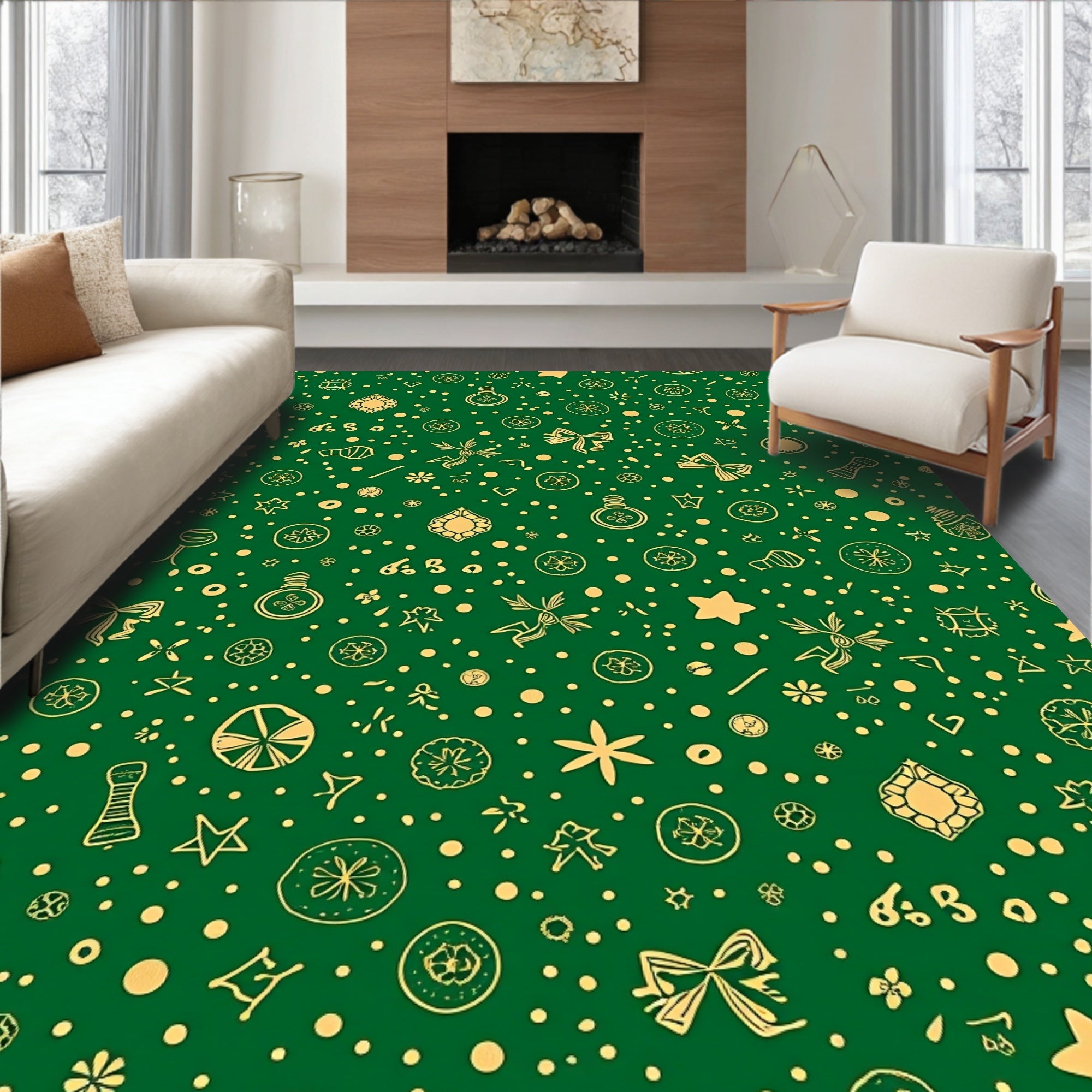 Emerald Gold Whimsical Holiday Icons Rug