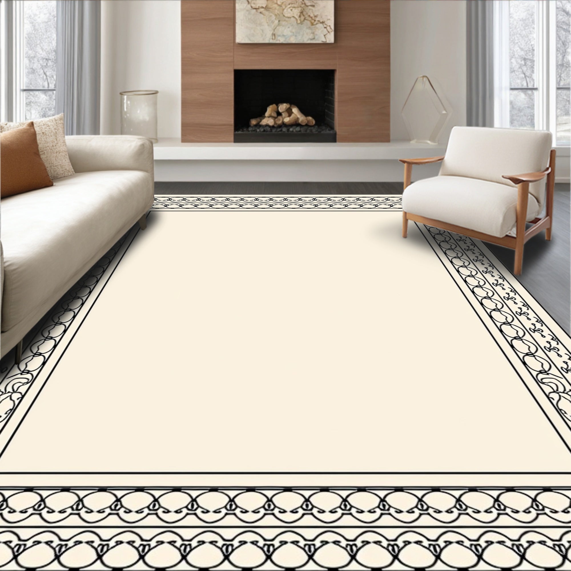 Elegant Black Cream Geometric Design Rug