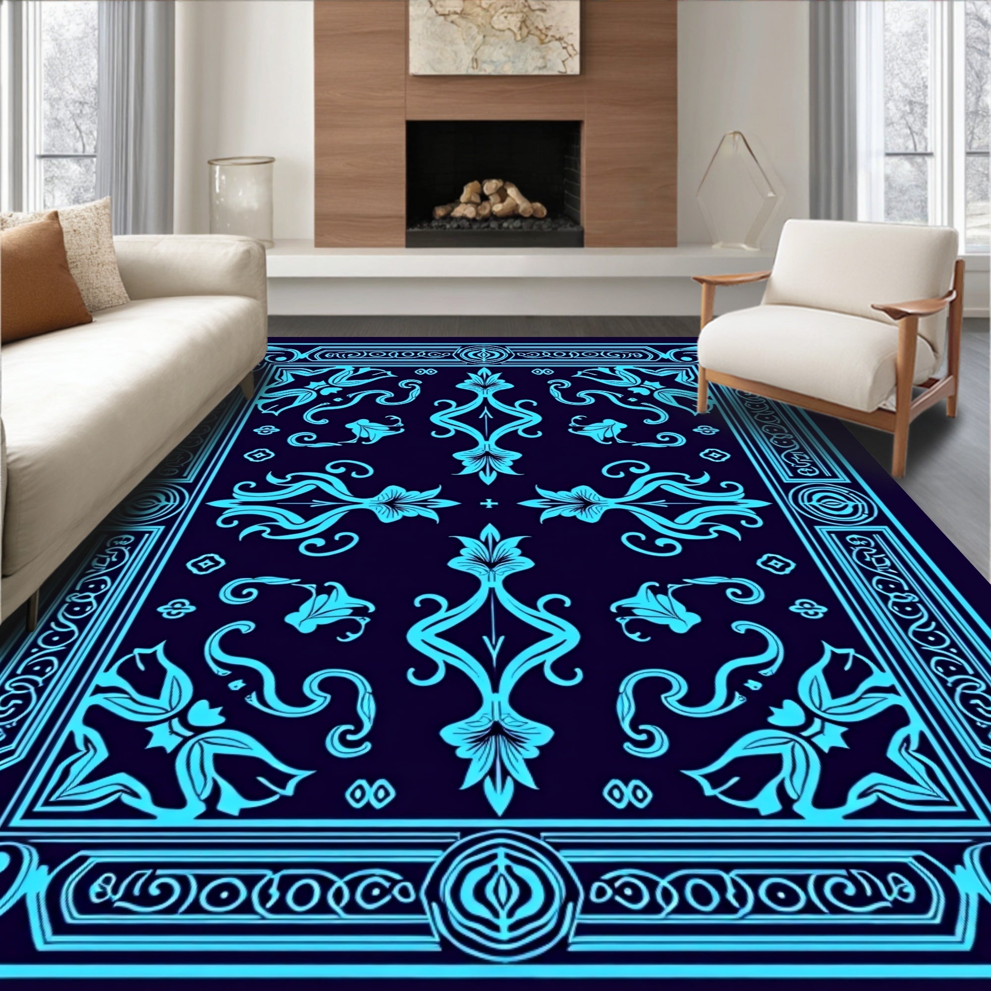Elegant Cyan Floral Art Deco Rug