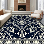 Navy Ivory Floral Scroll Design Rug