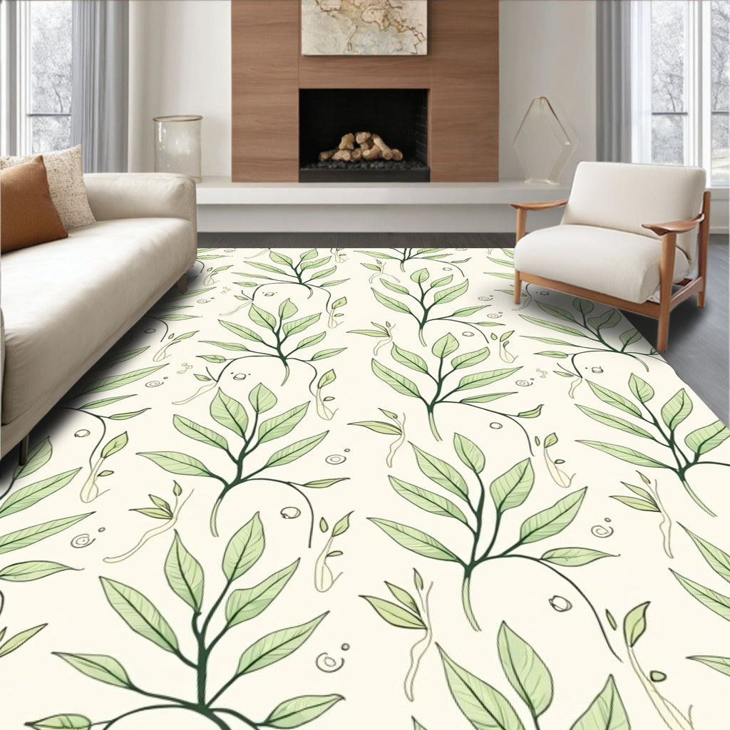 Botanical Branch Pattern With Soft Green Leaves Rug